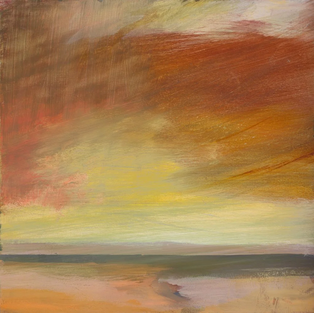 Abstract painting with swirling clouds and a horizon line, featuring shades of pink, purple, brown, and blue.