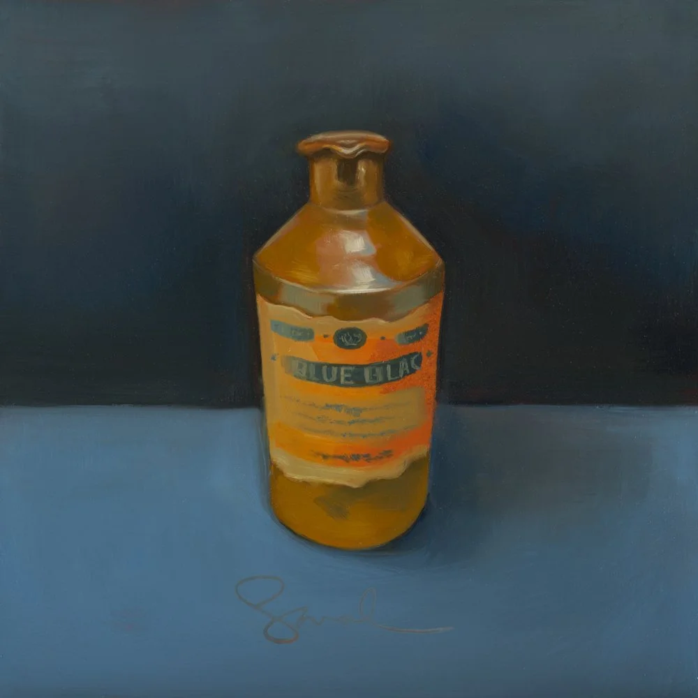 Still life painting of three yellow apples and one halved apple with a white background.