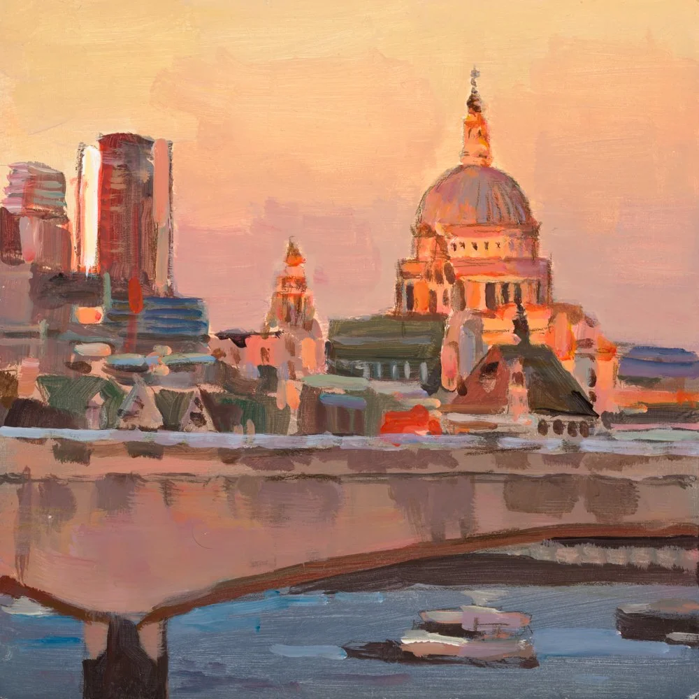 A city street scene painted in watercolor style with tall buildings on both sides, reflections on wet pavement, and a dome-shaped building in the background during sunset or sunrise.