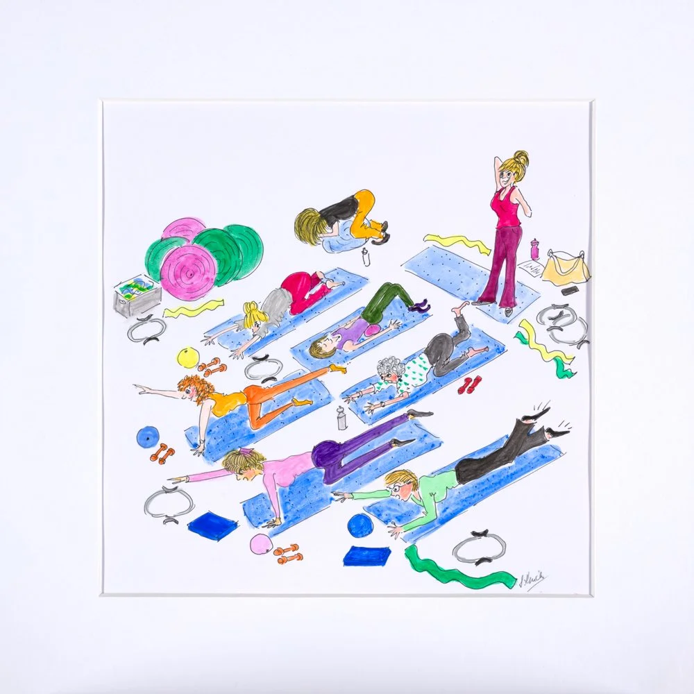 Painting of three whole figs and two halved figs on a blue surface with a blue background.