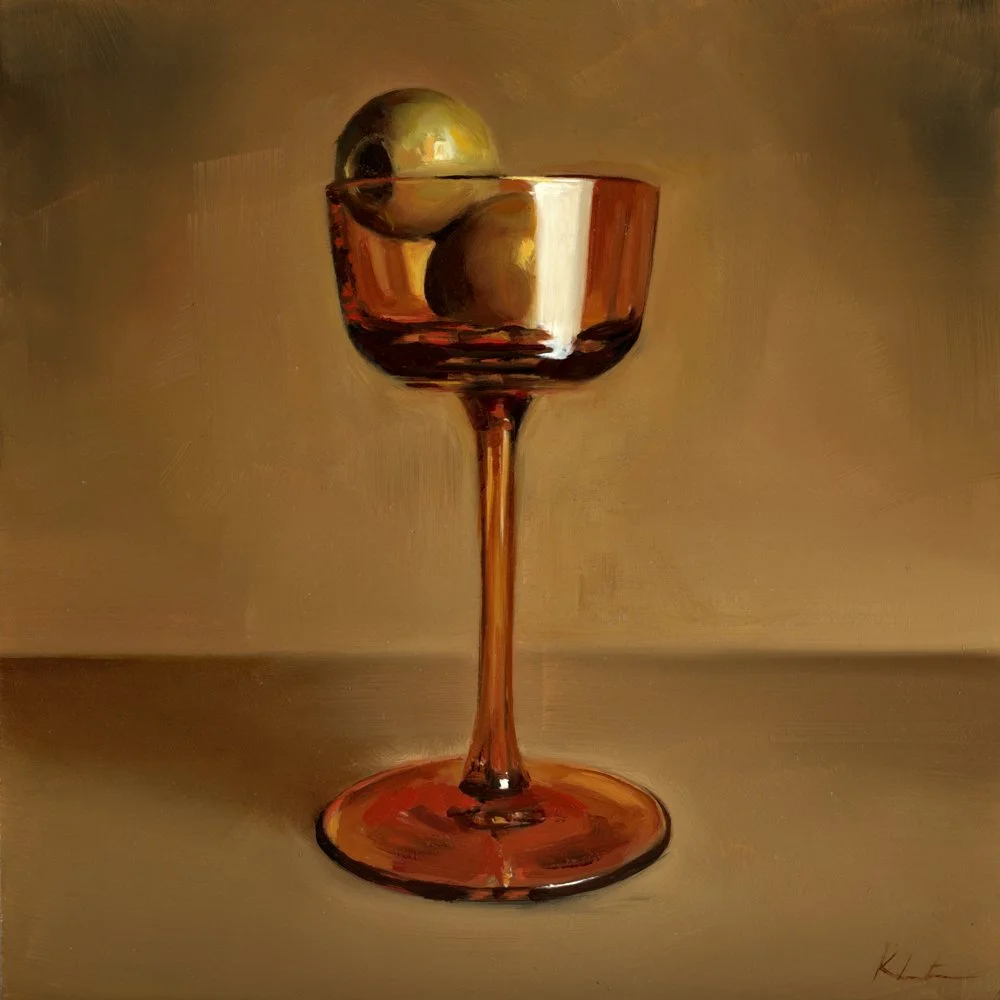 A painting of a single white flower in a glass vase with water, set against a plain, gradient background.