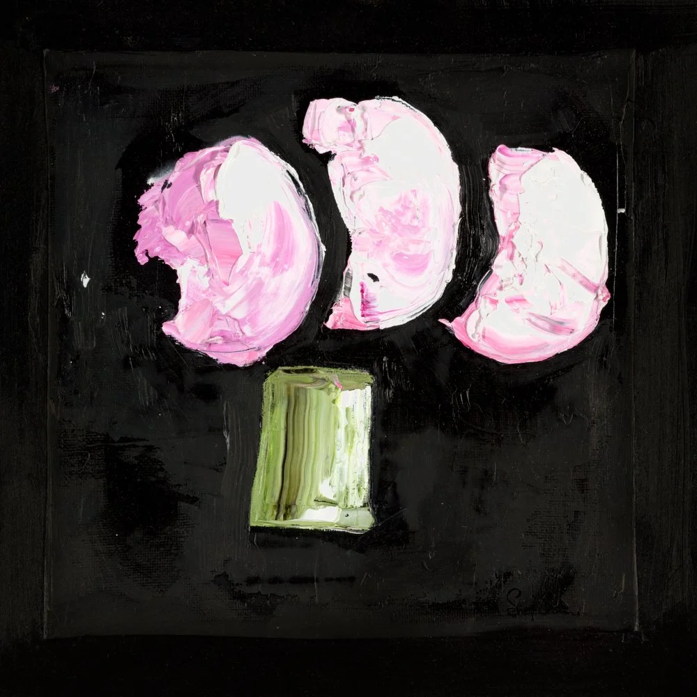 Abstract painting with pink background, three white textured shapes at the top, and a green and brown textured rectangle at the bottom right corner.