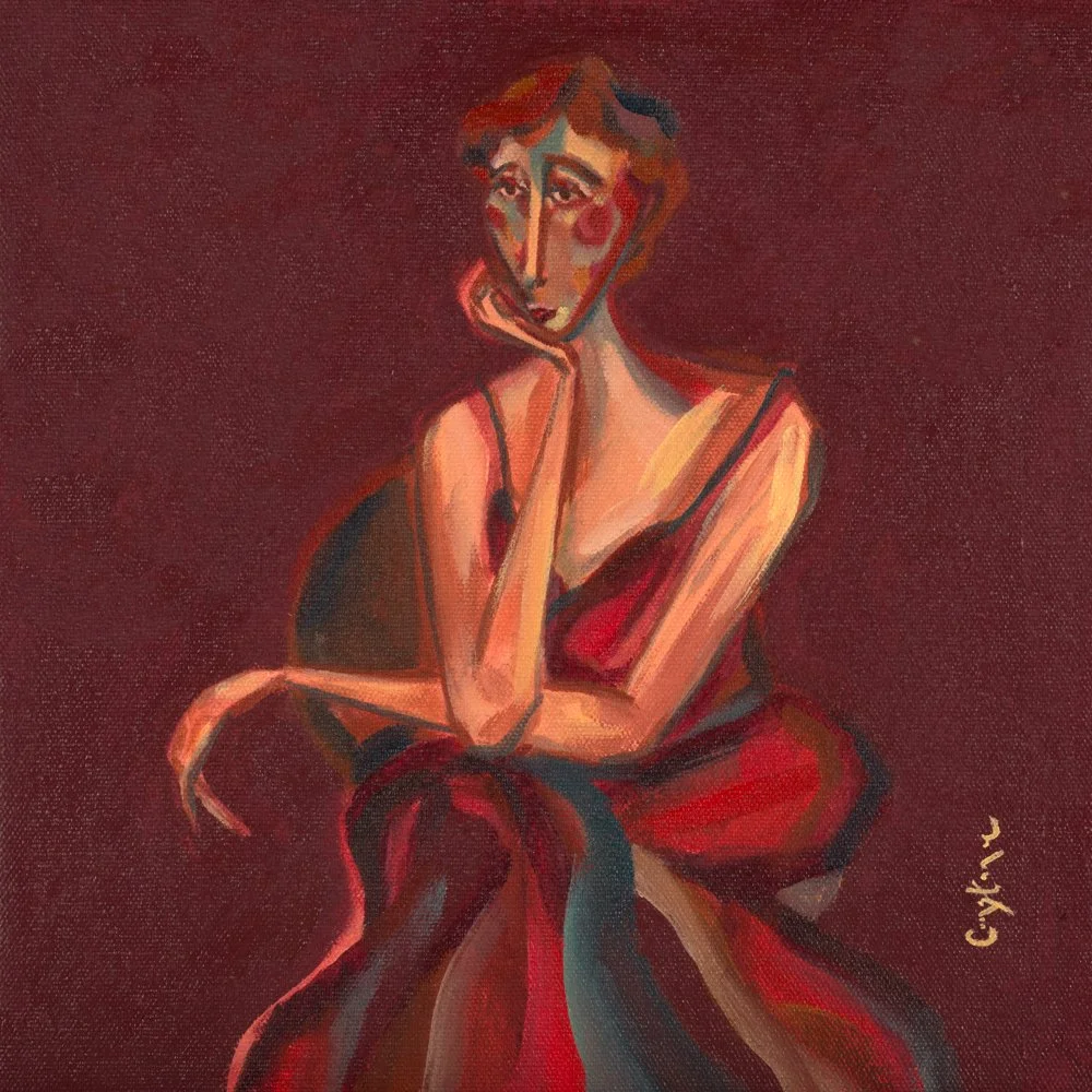 An impressionist-style painting of a woman wearing a large sun hat and a bathing suit. She is striking a pose with one hand on her hip and the other resting on her head. The background is a simple indoor wall with different shades of brown and beige.