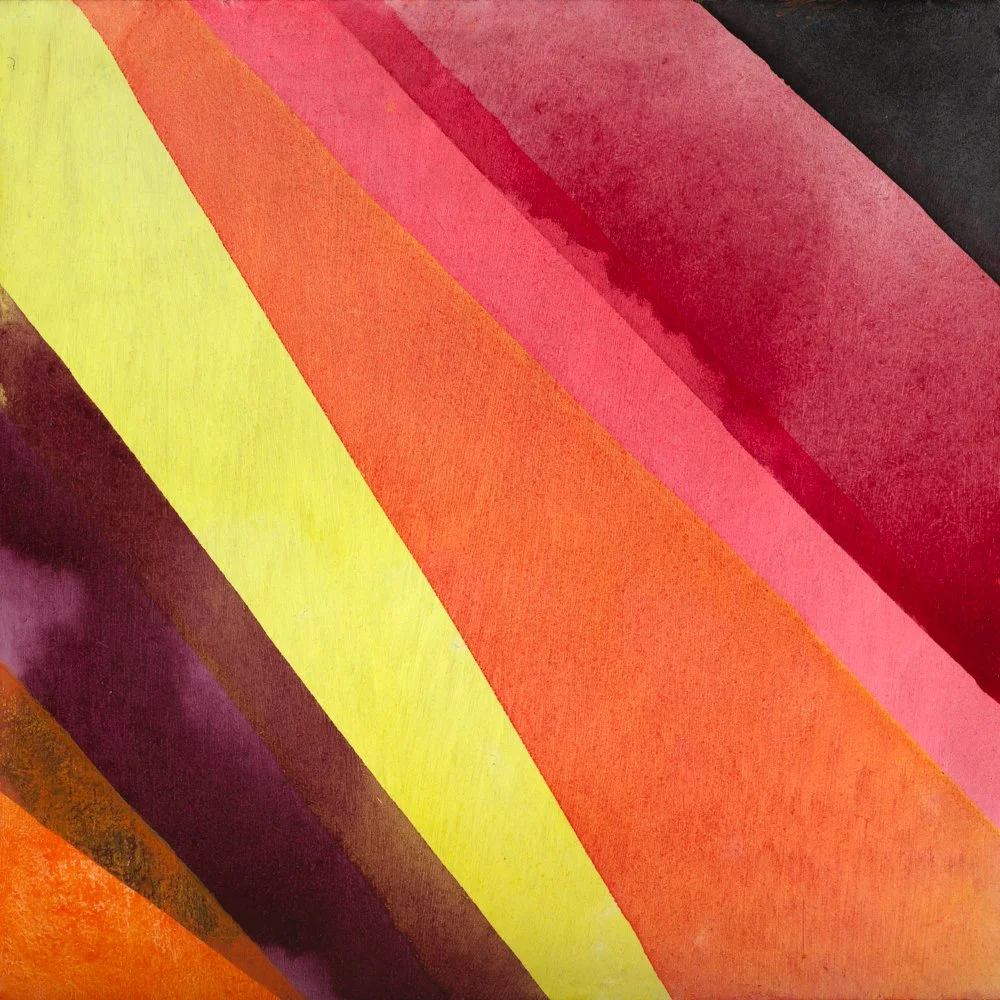 Abstract painting with overlapping textured shapes in red, green, blue, purple, orange, and brown.