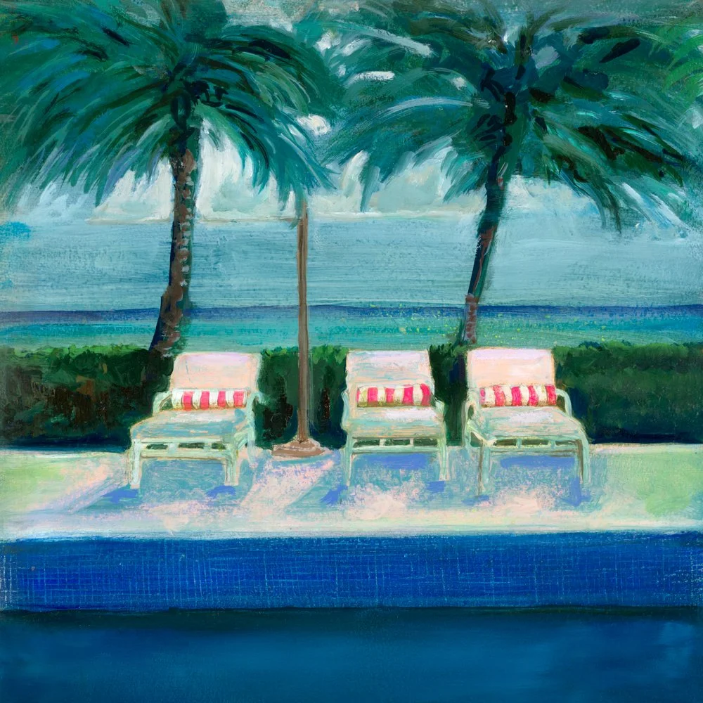 Painting of a minimalist outdoor scene with two orange wooden chairs on a sandy ground, a white wall, a blue sky, and part of a green landscape in the background.