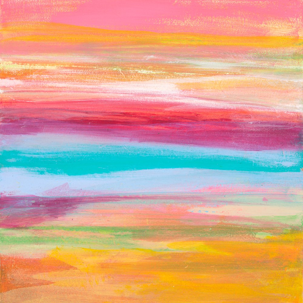 Abstract colorful painting with horizontal strokes of orange, yellow, red, purple, blue, and green hues.