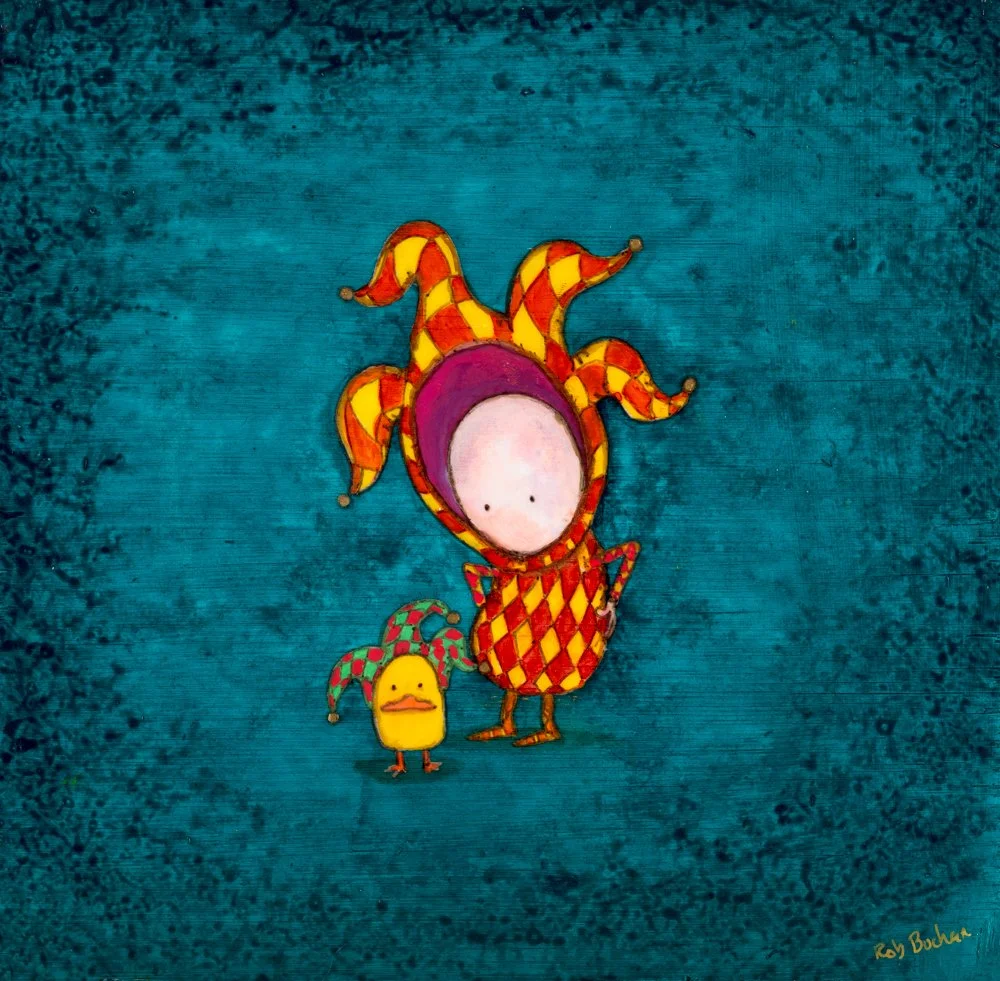 A colorful, artistic illustration of a character with a long red pointed hat, surrounded by pink swirling vines with blue orbs, set against a dark background with faint, textured text.