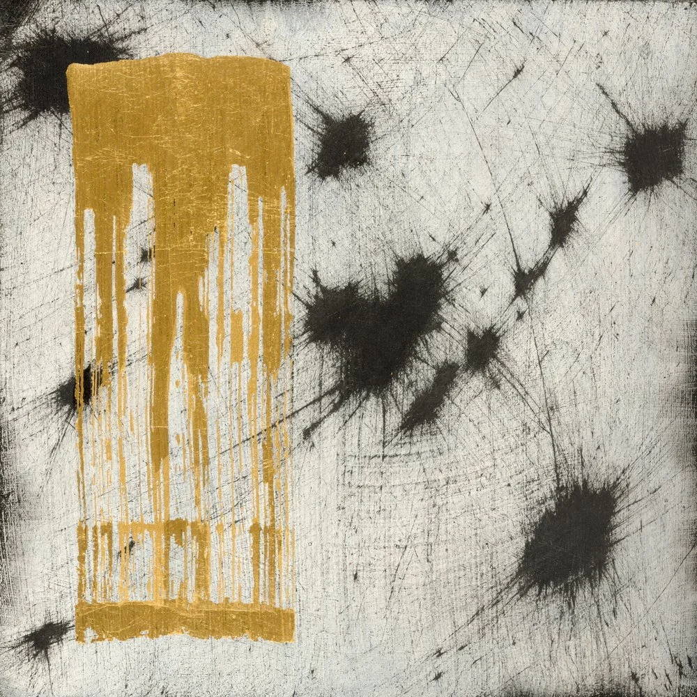 Abstract painting with textured white background, black and brown streaks, and vertical brown lines.