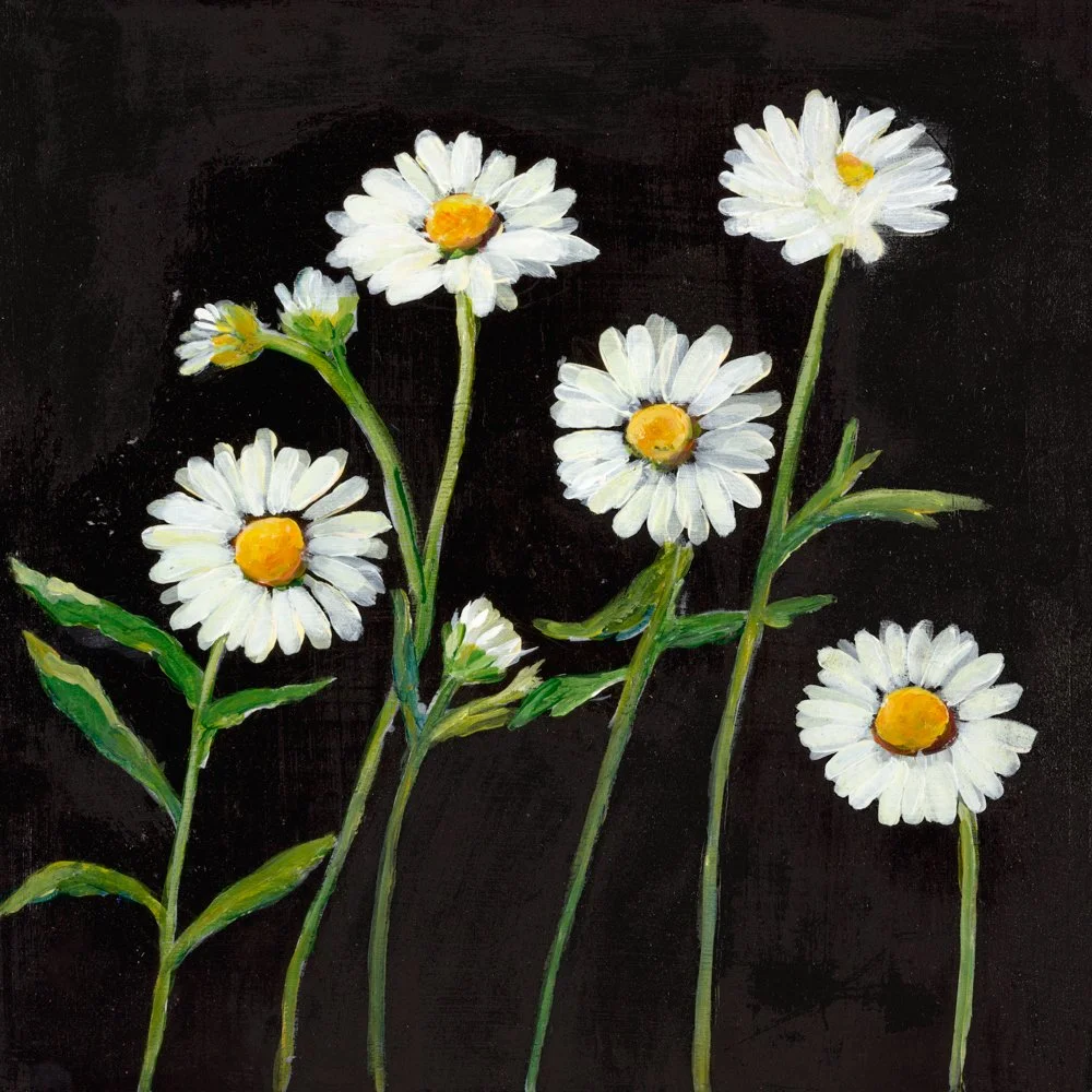 A close-up painting of a fish, likely a salmon, with detailed scales and a prominent eye, against a blue background.