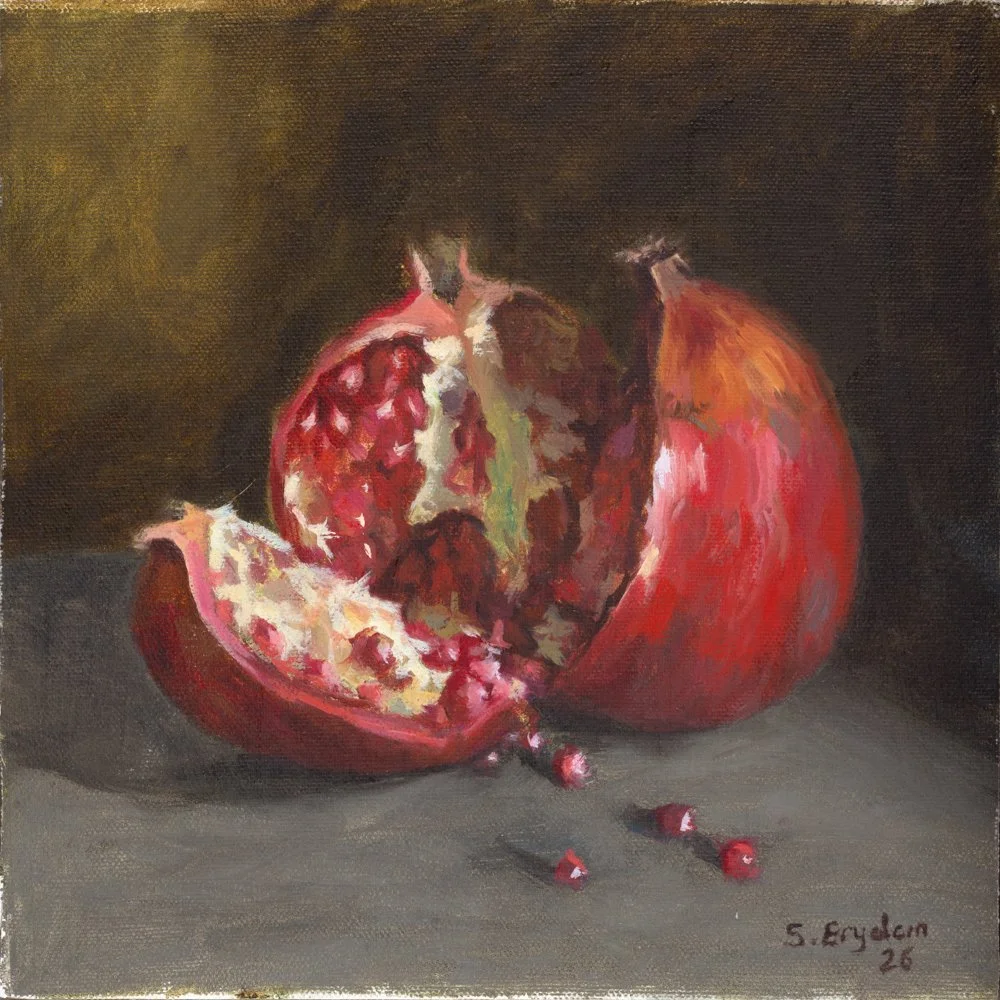 Oil painting of a white flower and a pink flower against a brown background.