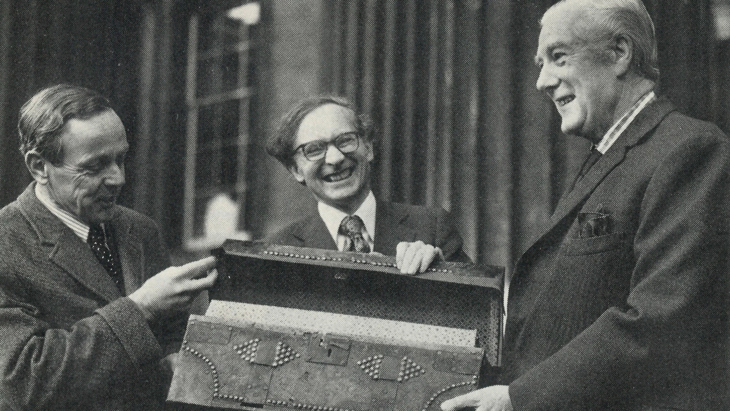 LEAD– Timothy Bevan (deputy chairman of Barclays bank), Dr D P Waley (the British Library's Keeper of Manuscripts) Lord Eccles (Chairman of the British Library).jpg