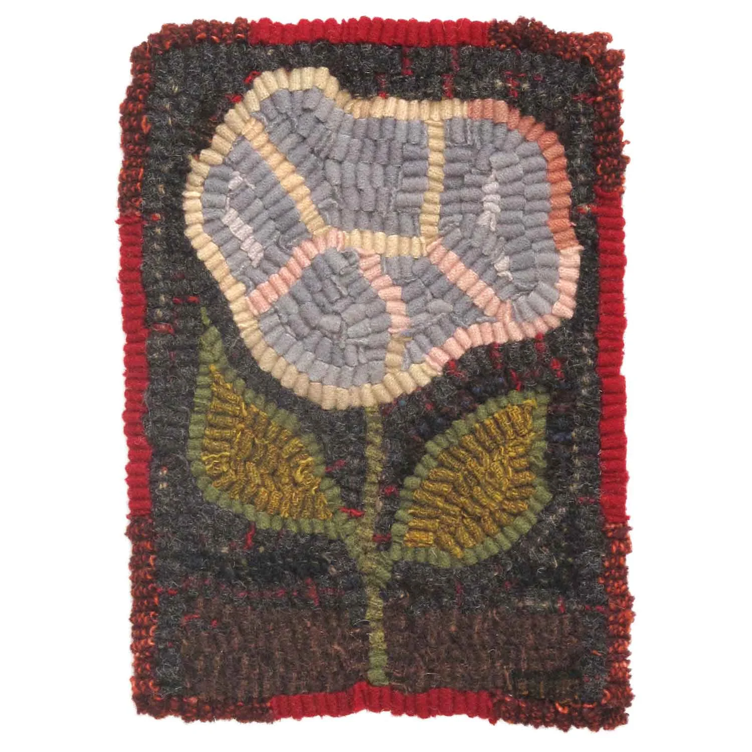 Hooked rug of large blue flower with pink lines