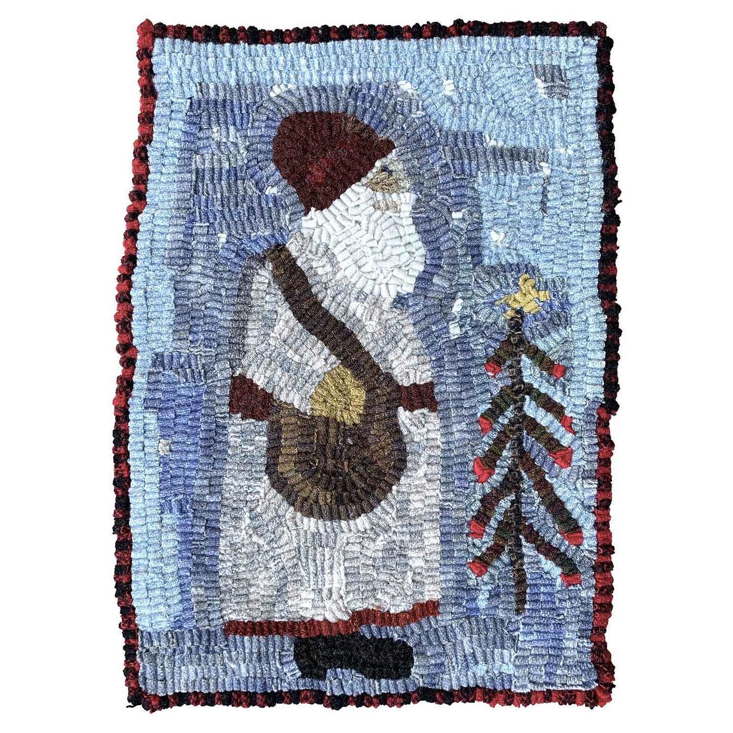New rug with a Santa in a snowy field. Visit my site through the link in my bio for more details #handmade #hookedrug #primitiverug #holidays #folkart