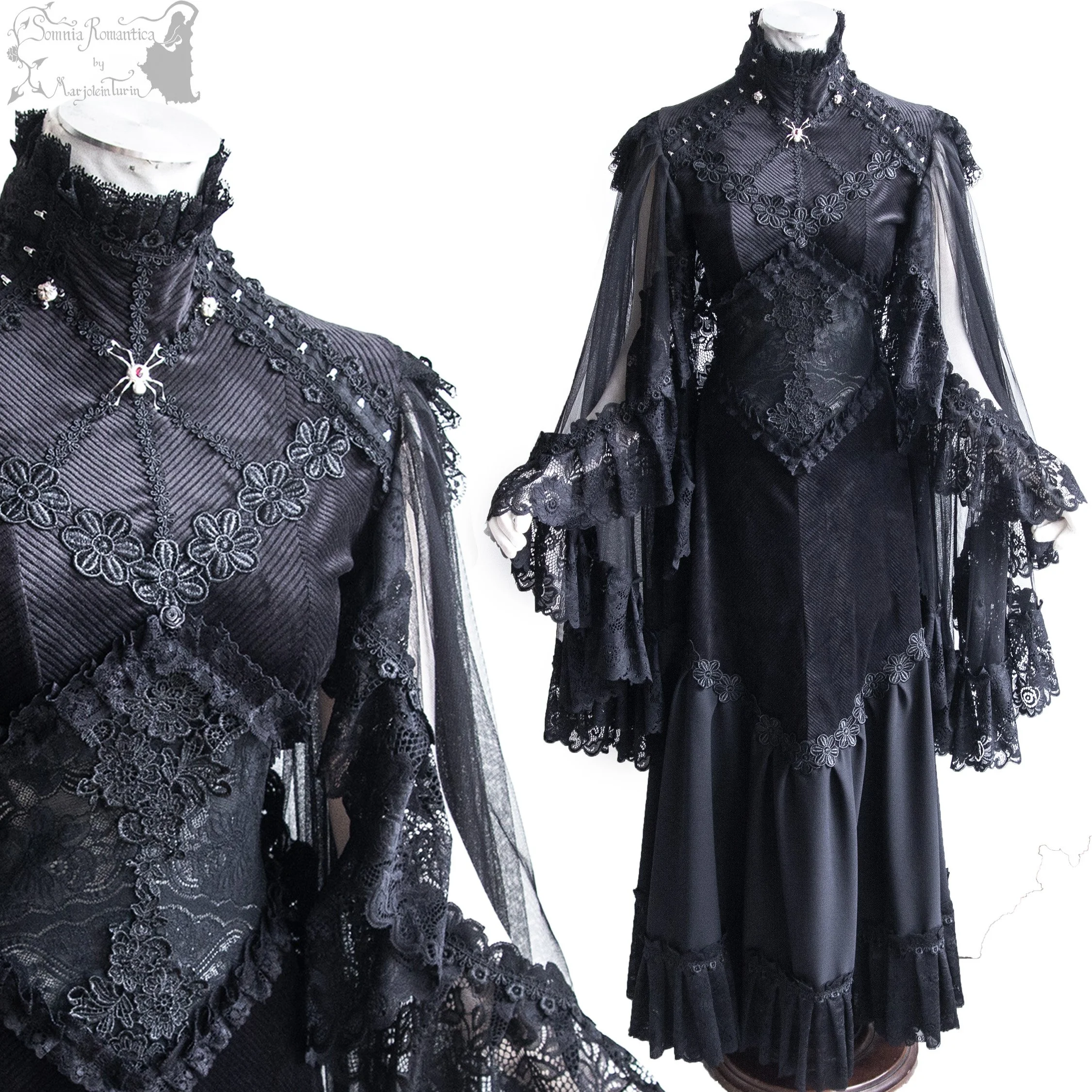 Black gown with sterling silver ornaments, S-M, collection Adorned Ghost 2026
