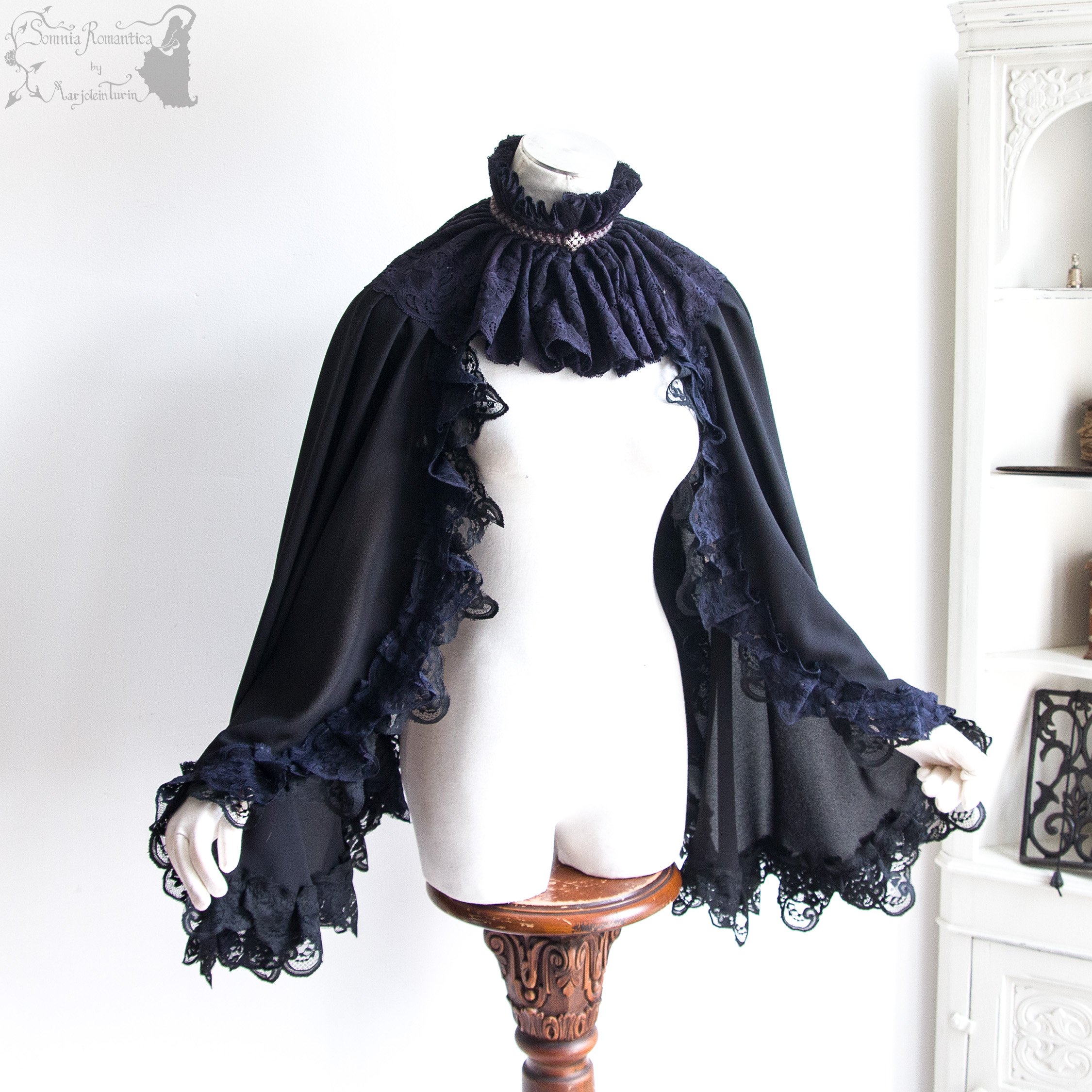Shrug with ruff detailing, dark indigo with black, S-M, sundry designs 2026