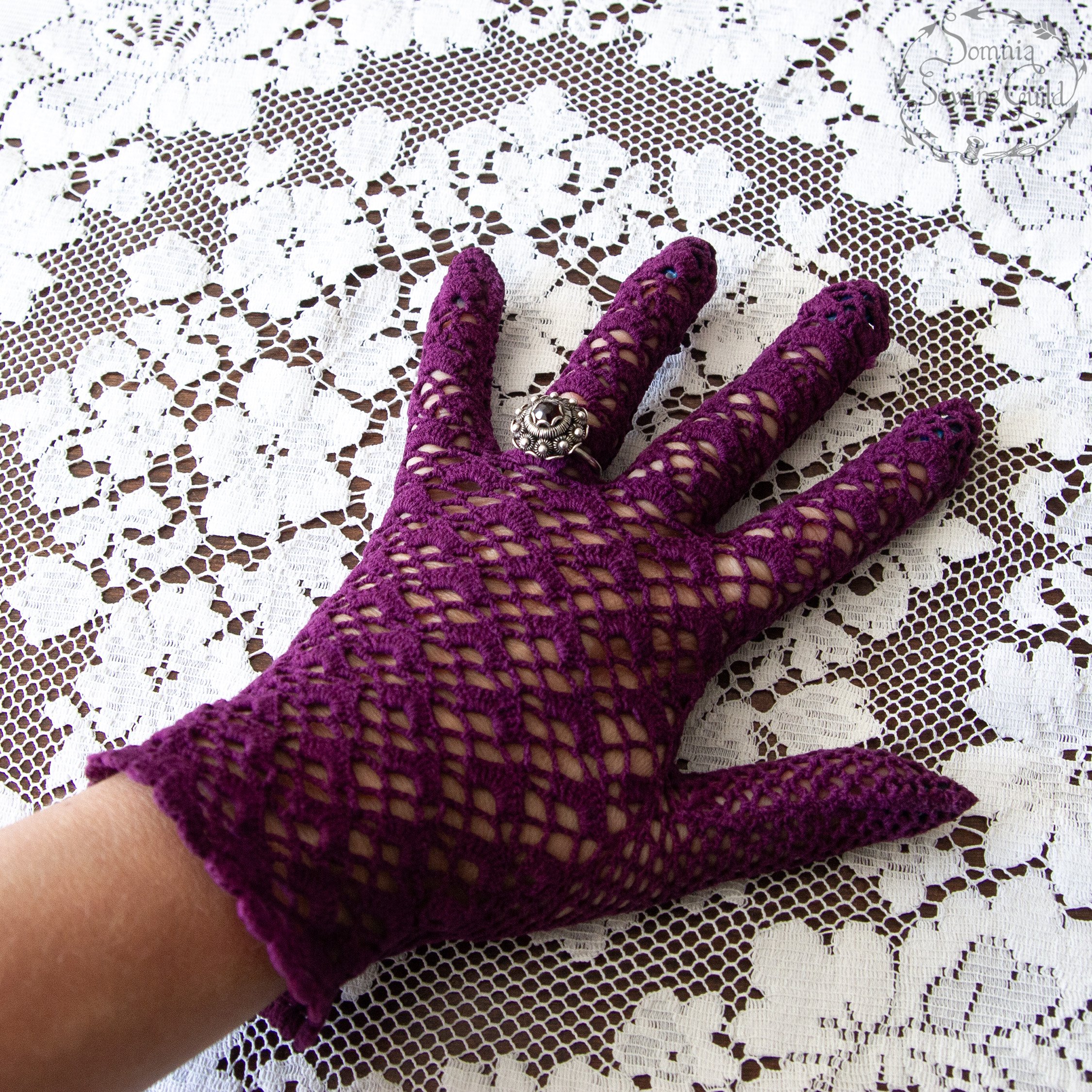 Vintage crocheted gloves, dyed aubergine purple, vintage accessories