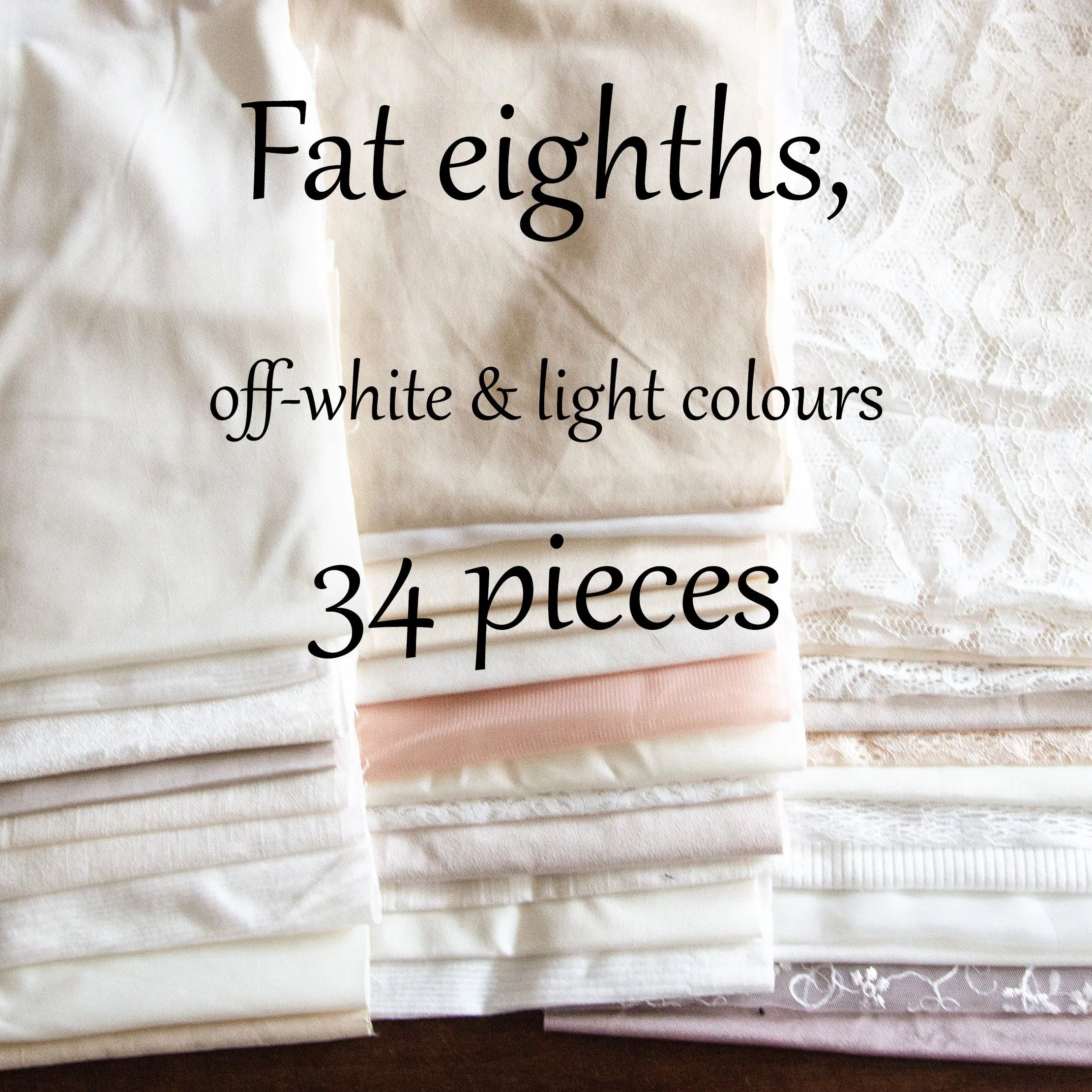 Bundle of fabric, 34 pieces, light shades 10 x 22 inch, fat eights