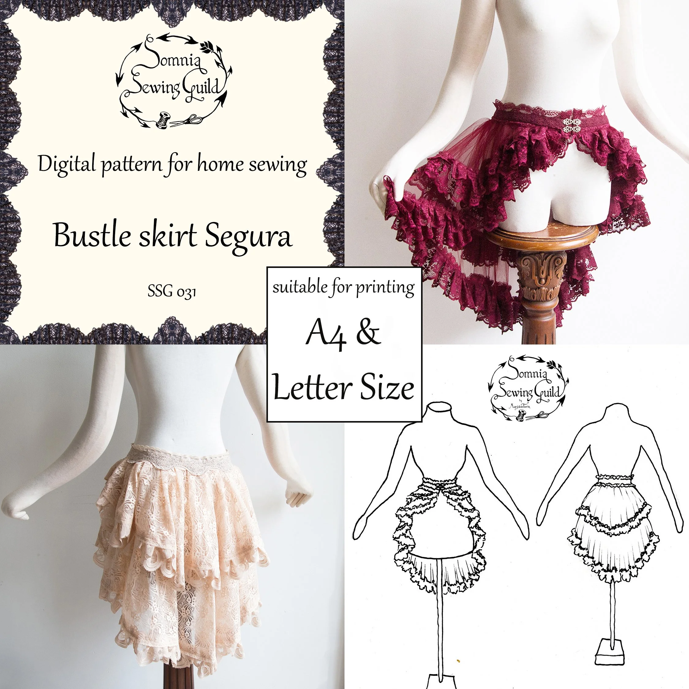 Bustle Skirt Segura, DIGITAL PDF sewing pattern (for A4 and letter size), XS-5X, SSG 031