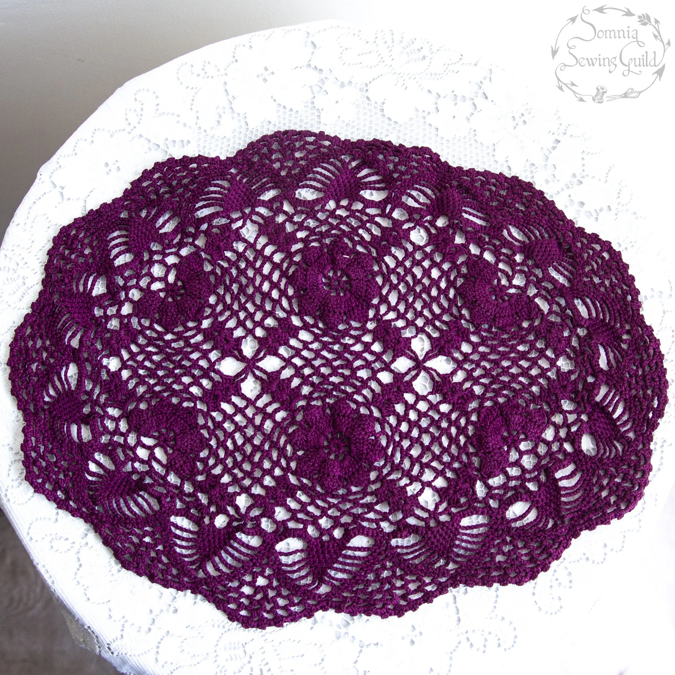 Vintage doily, handpainted dark magenta purple