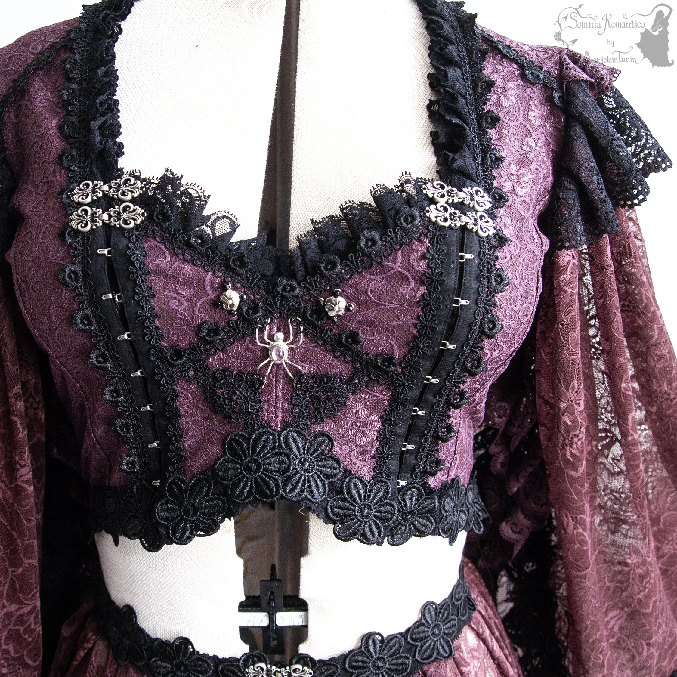 overdress aubergine, bust 42, waist 34 1/2, sterling silver floral and spider ornaments