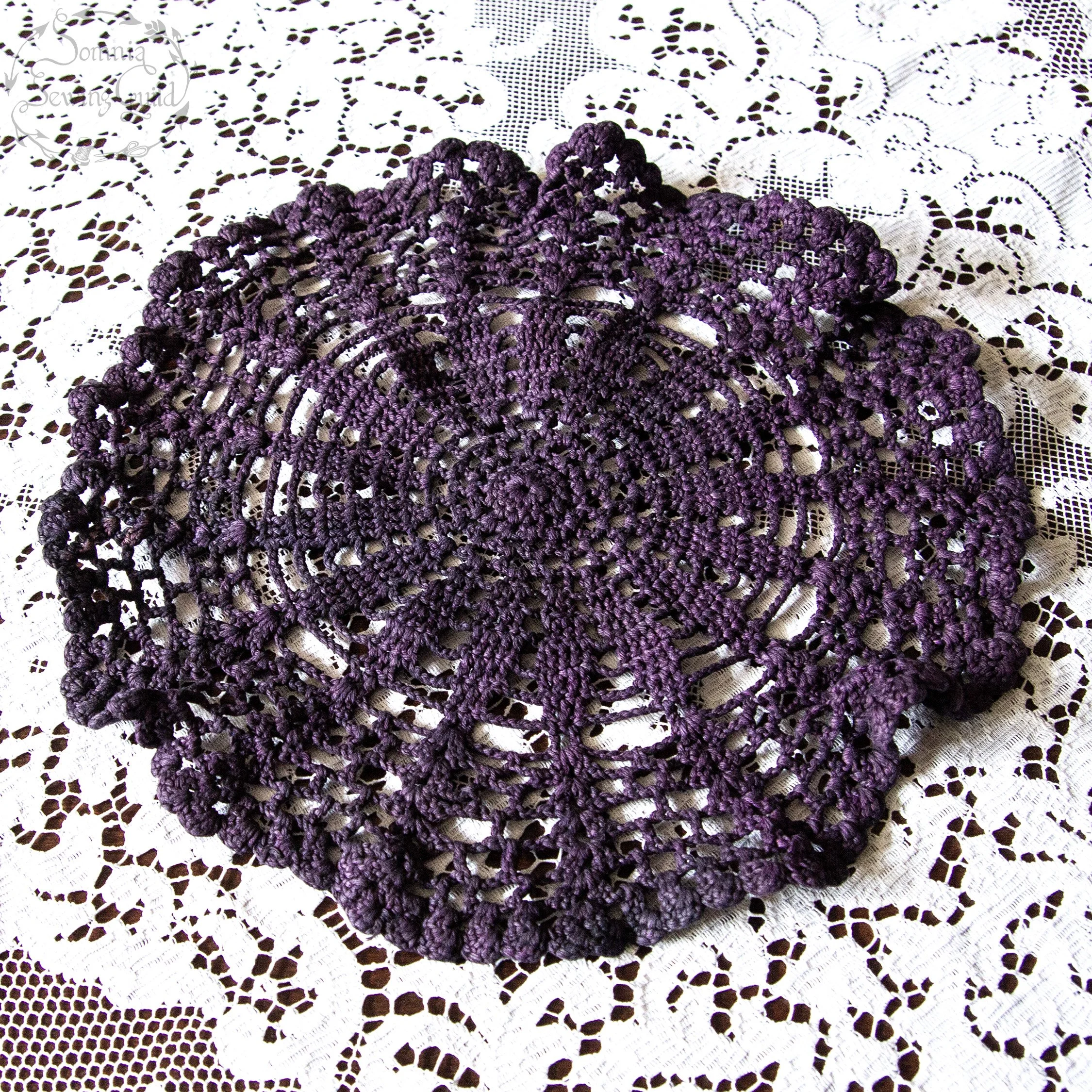 Vintage doily, hand dyed, dark desaturated purple