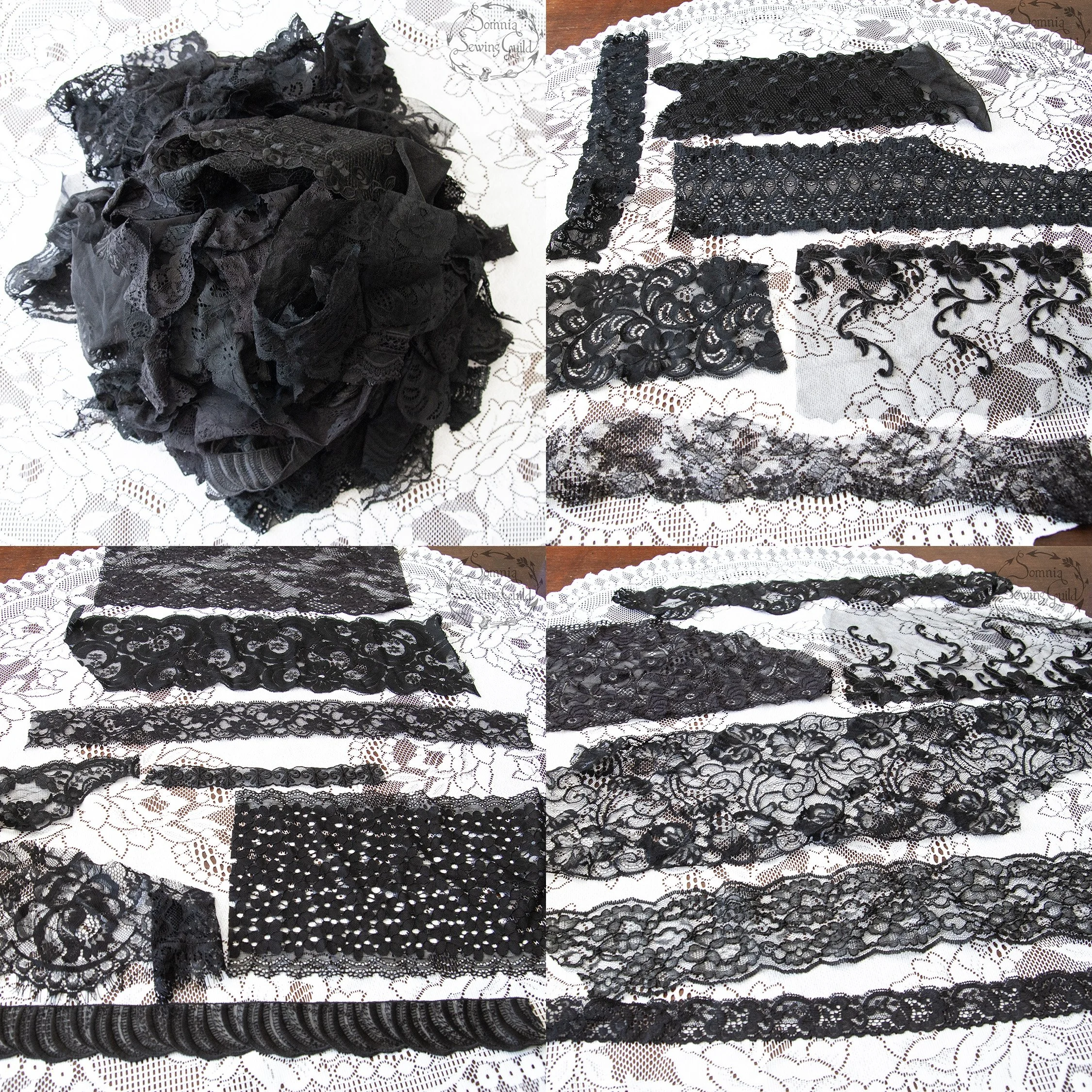 Lace bundle lot of 100 black pieces, 8-20 inch (20-50 cm) each