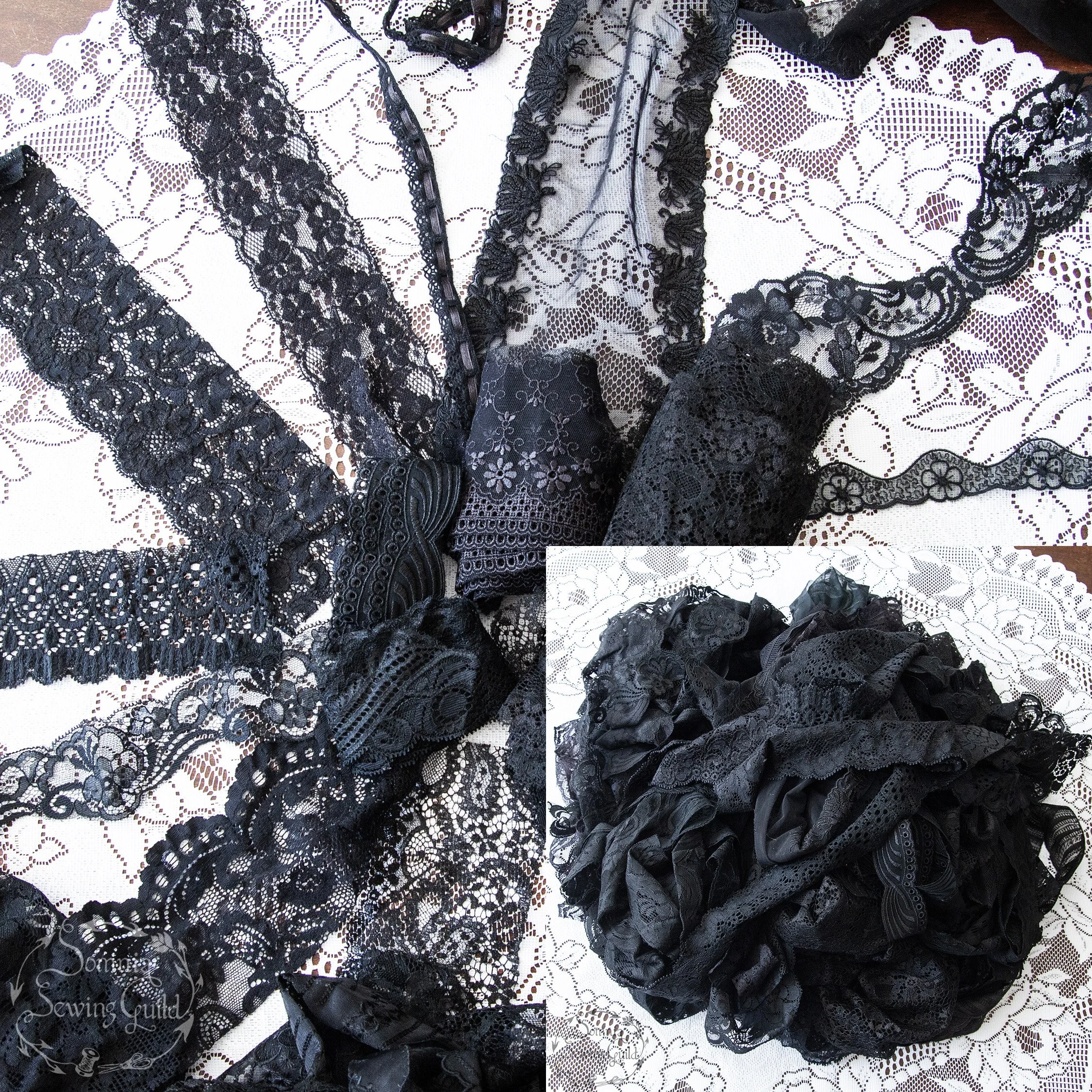 Black vintage lace bundle lot of 40 pieces, 1.1-2.2 yards (1-2) meter each
