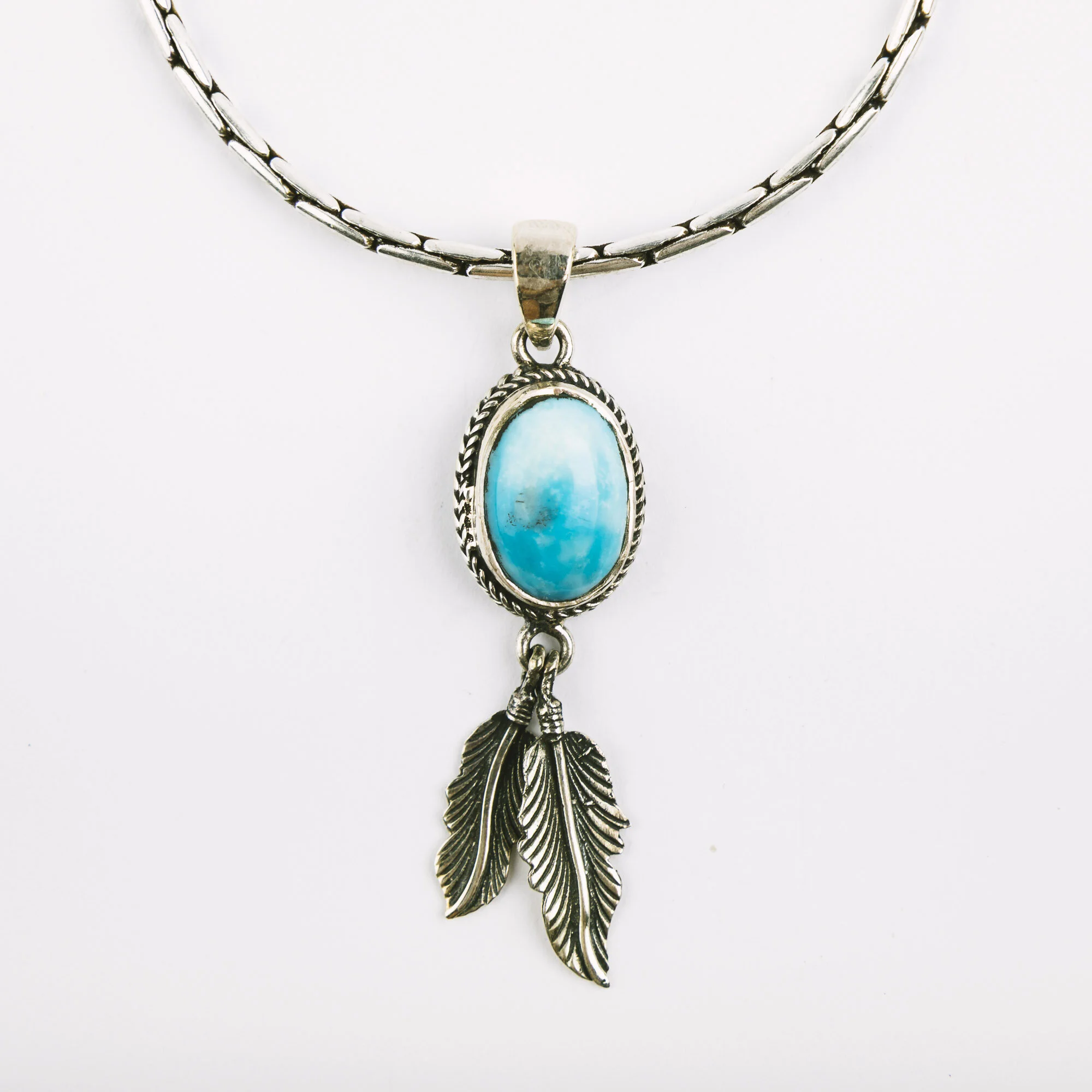 925 Silver Feathers Turquoise Necklace 