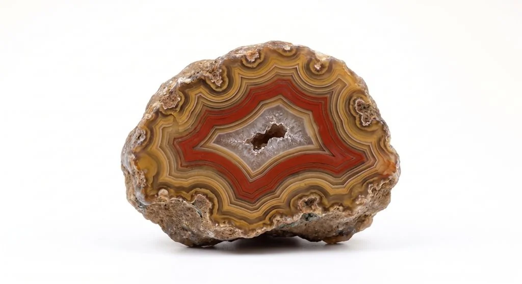 A polished cross-section of a colorful agate stone showing red, orange, yellow, and gray banded patterns.