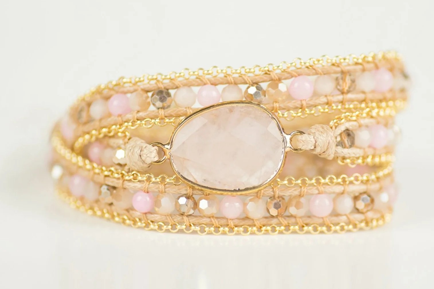 Rose Quartz Beaded Wrap Bracelet with chain– Love, Compassion & Emotional Healing