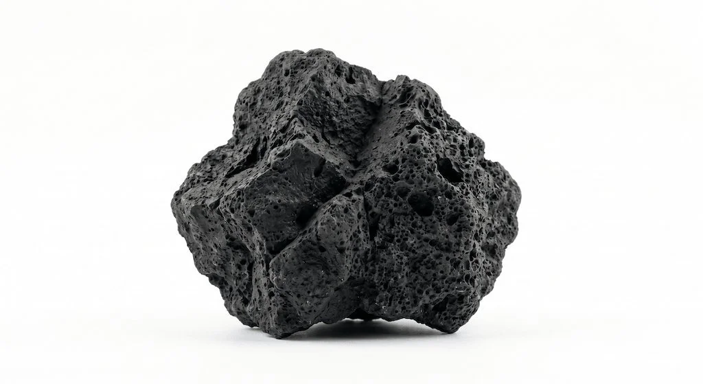 A piece of black volcanic rock with a porous surface against a plain white background.
