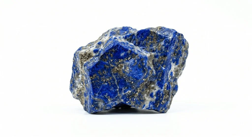 A rough, irregularly shaped blue gemstone with golden and white streaks on a plain white background.