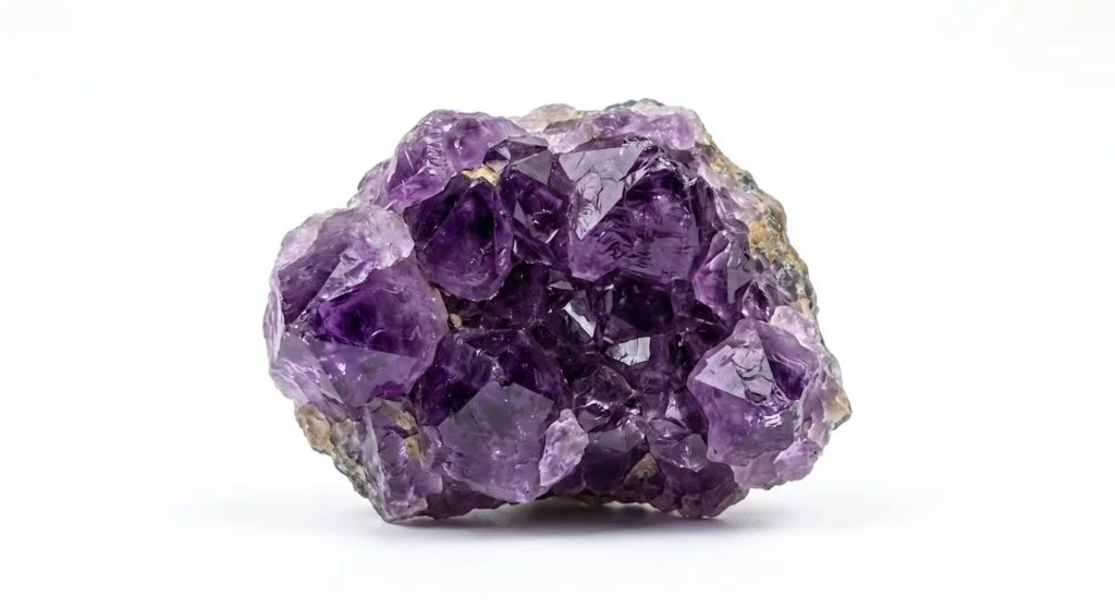 A raw purple amethyst crystal cluster isolated on a white background.