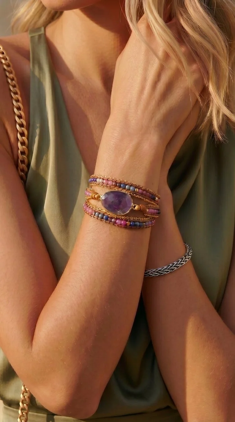Close-up of a woman’s arm and hand, displaying multiple colorful bracelets with a large purple stone, and a silver braided bracelet, set against a light green top and blurred background.