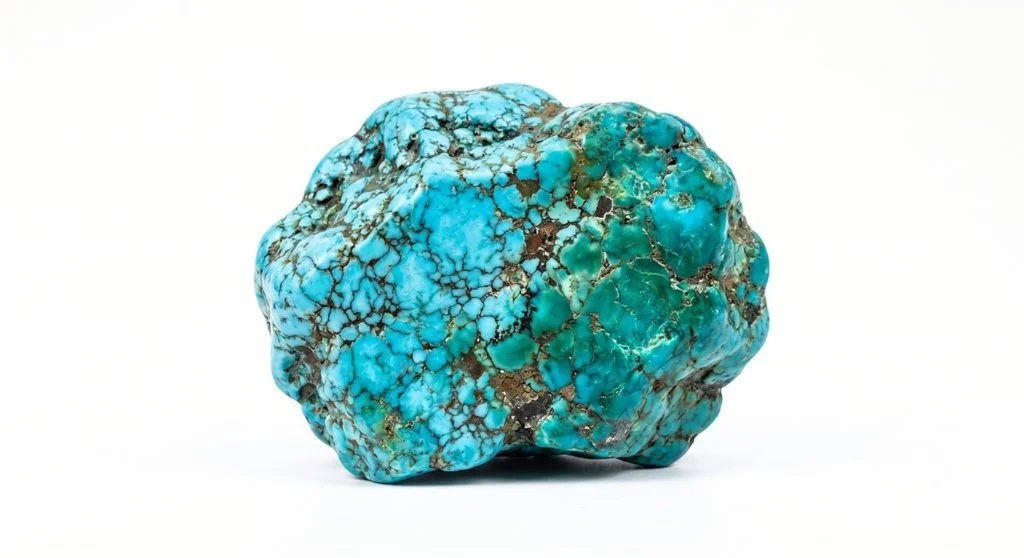 A rough turquoise mineral specimen with a blue-green color and black matrix veins on a white background.