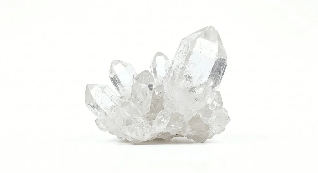 A cluster of clear quartz crystals with a large central crystal and smaller surrounding crystals against a white background.