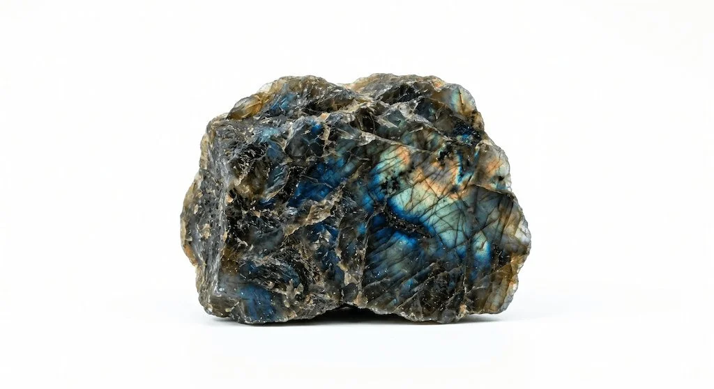 Polished labradorite gemstone on white background.