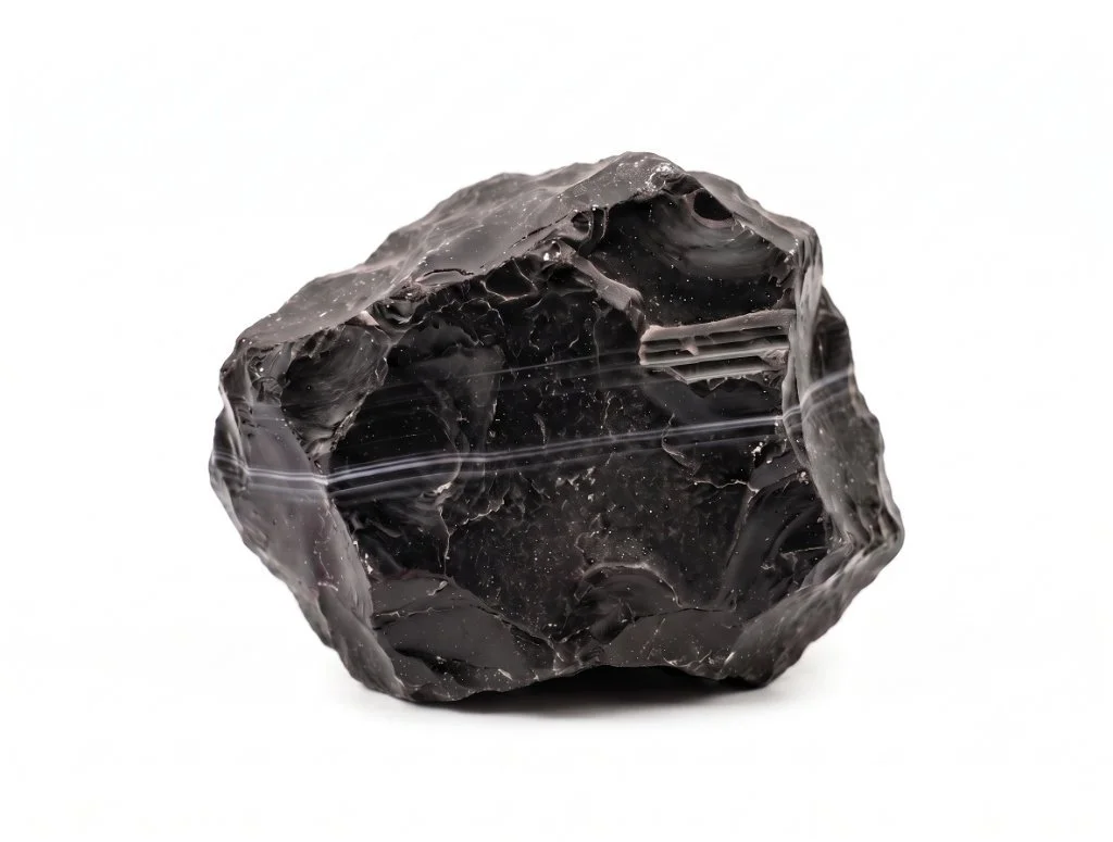 A polished piece of black onyx gemstone with a smooth surface and complex natural patterns.