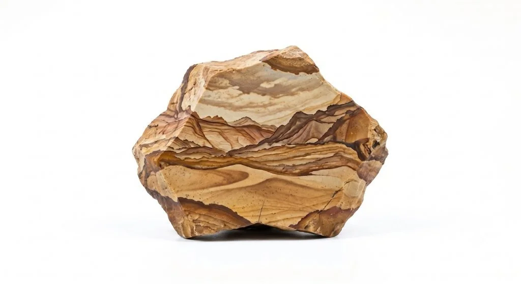A polished stone with layered brown, beige, and cream-colored bands on a white background.