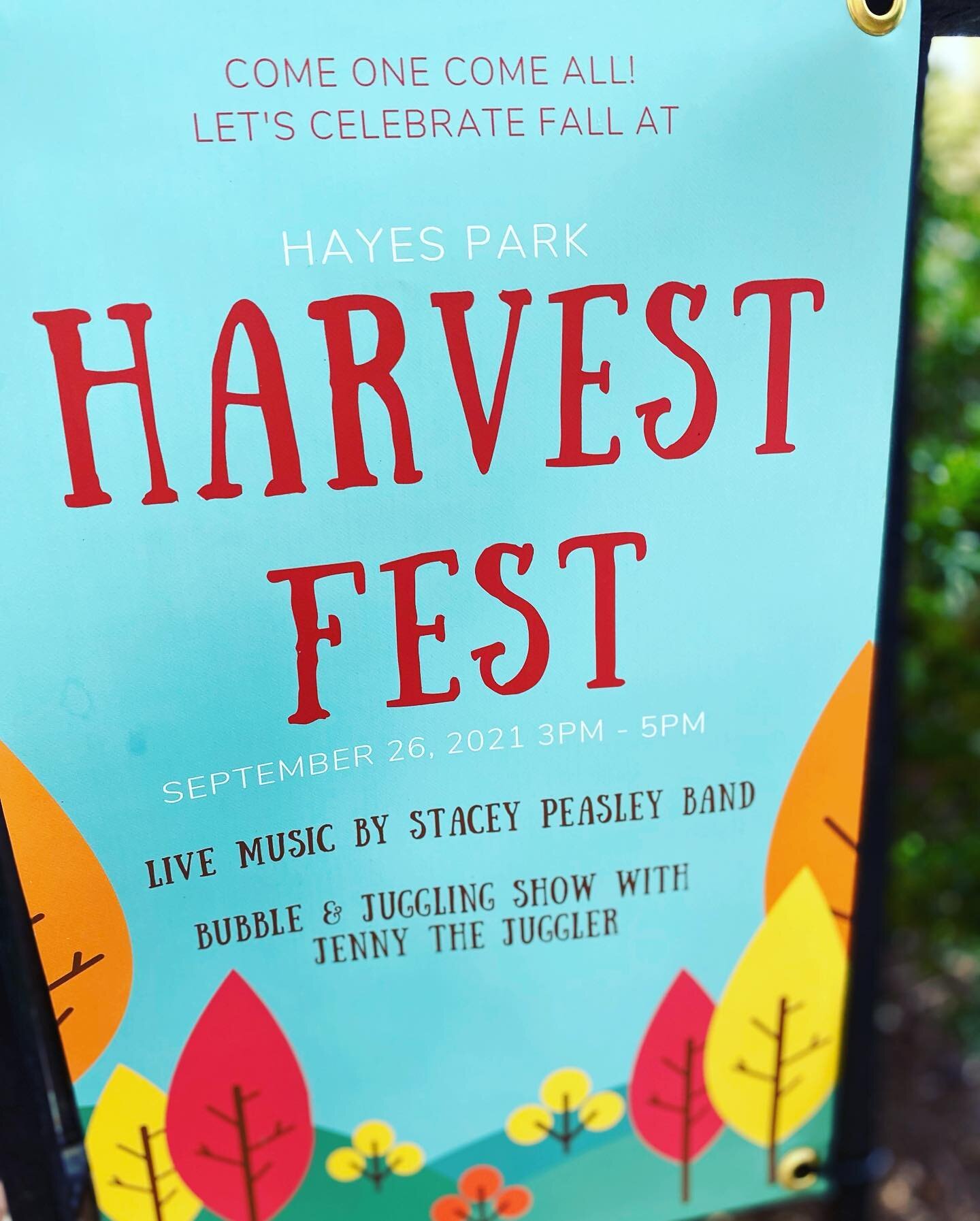 Hayes Park Fun is backkkk! Join us THIS Sunday for our annual (minus the small hiatus last fall!) Harvest Fest from 3:00pm-5:00pm! Chock full of all things we love and have missed&hellip; our community, live music, laughter &amp; fun! #jennythejuggle