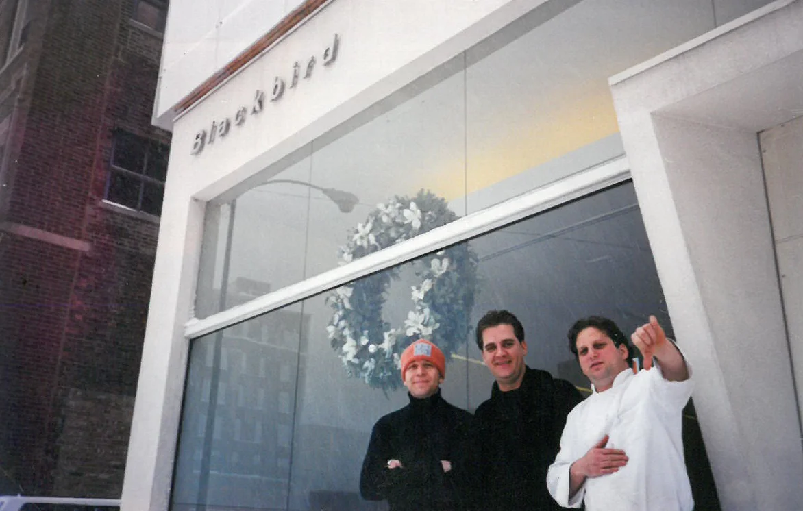 Donnie Madia Gianfrancisco, Rick Diarmit, and Paul Kahan outside Blackbird, after a snowstorm in the winter of 1999.