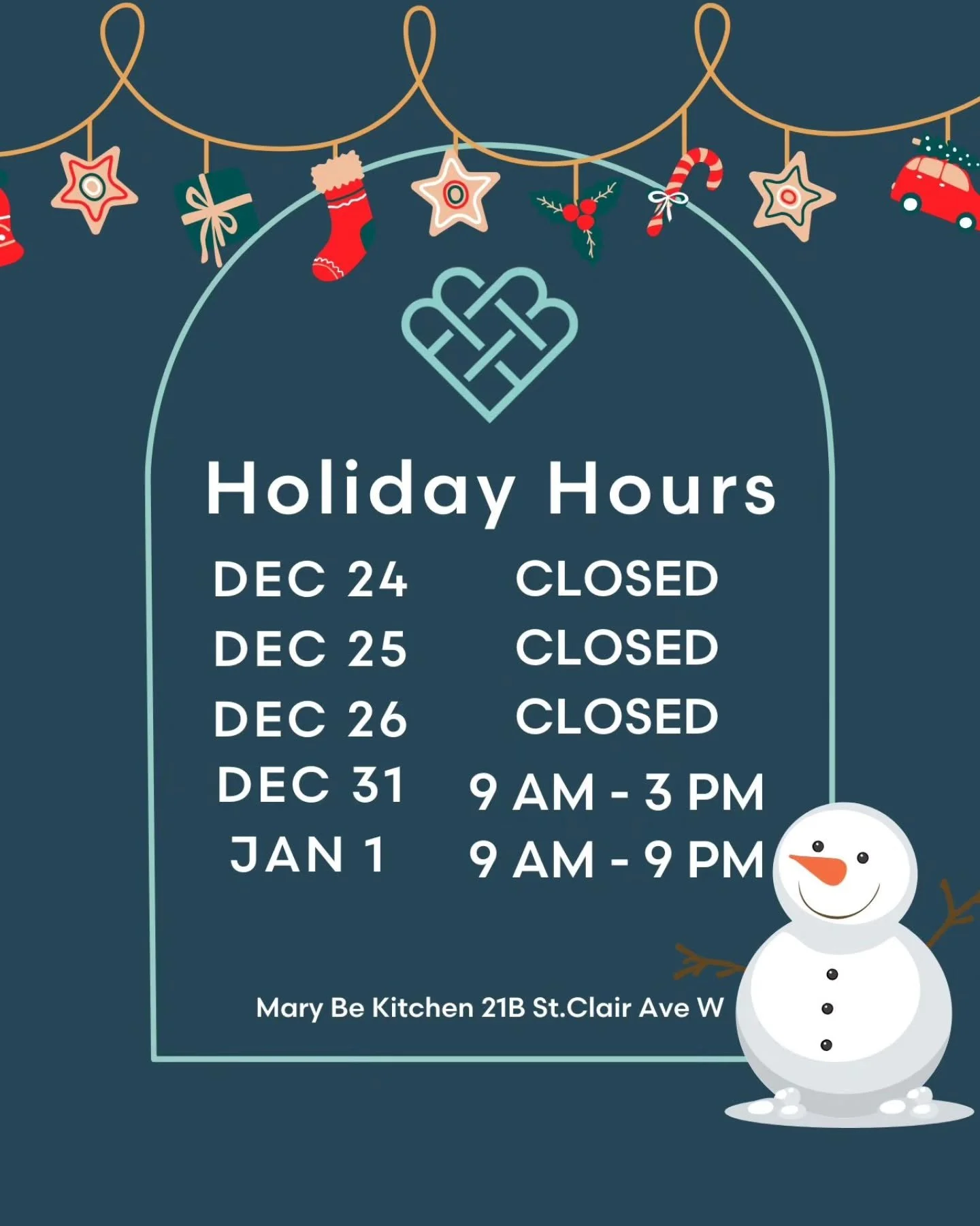 ✨Holiday Hours at Mary Be Kitchen✨

We're taking a little break to recharge:
❄️ Closed December 24, 25 &amp; 26
🥂 December 31: Open 9AM - 3PM &ndash; serving our amazing all-day brunch menu (including the best Ricotta Toast in town! 🍯🍞)
🍾 January