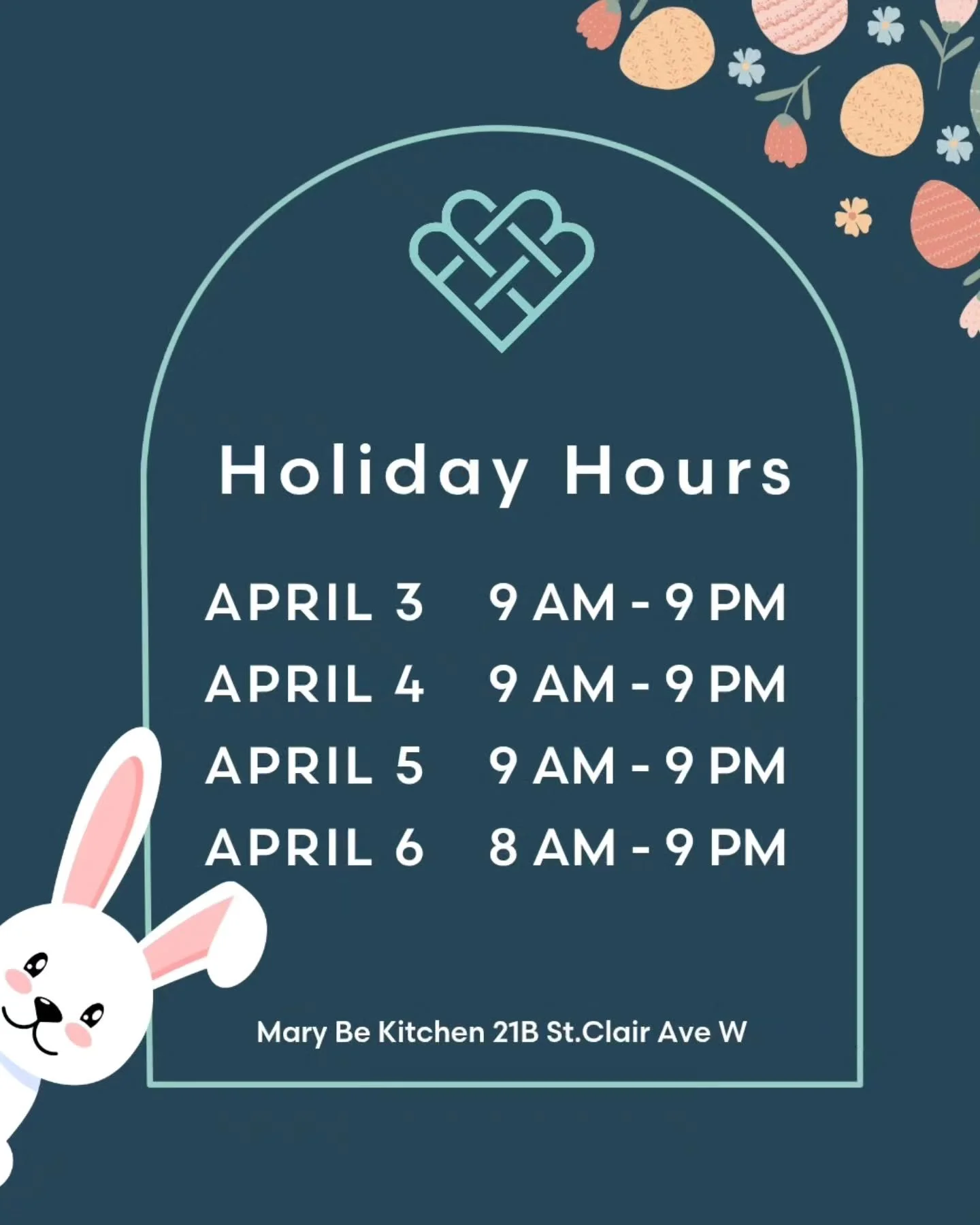 🌸 Easter Weekend Hours at Mary Be Kitchen 🌸

Good Friday: Opening 1 hour later (9 AM &ndash; 9 PM)
⏰Brunch served until 12:30 PM
Saturday &amp; Sunday: Regular hours 9 AM &ndash; 9 PM
Easter Monday: Regular hours 8 AM &ndash; 9 PM

We hope you enjo