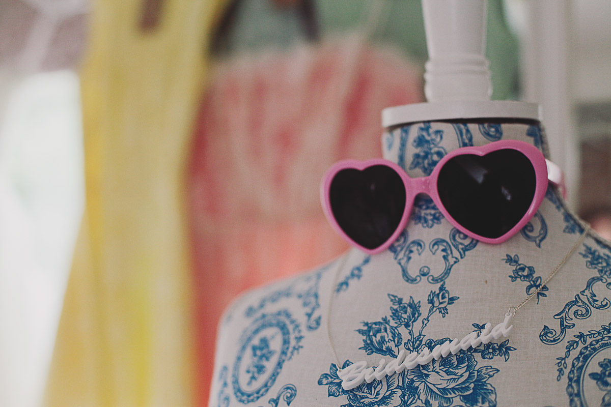 Pink Heart Sunglasses Perspex Bridesmaid Necklace - UK Alternative Wedding Photography Chloe Lee Photo