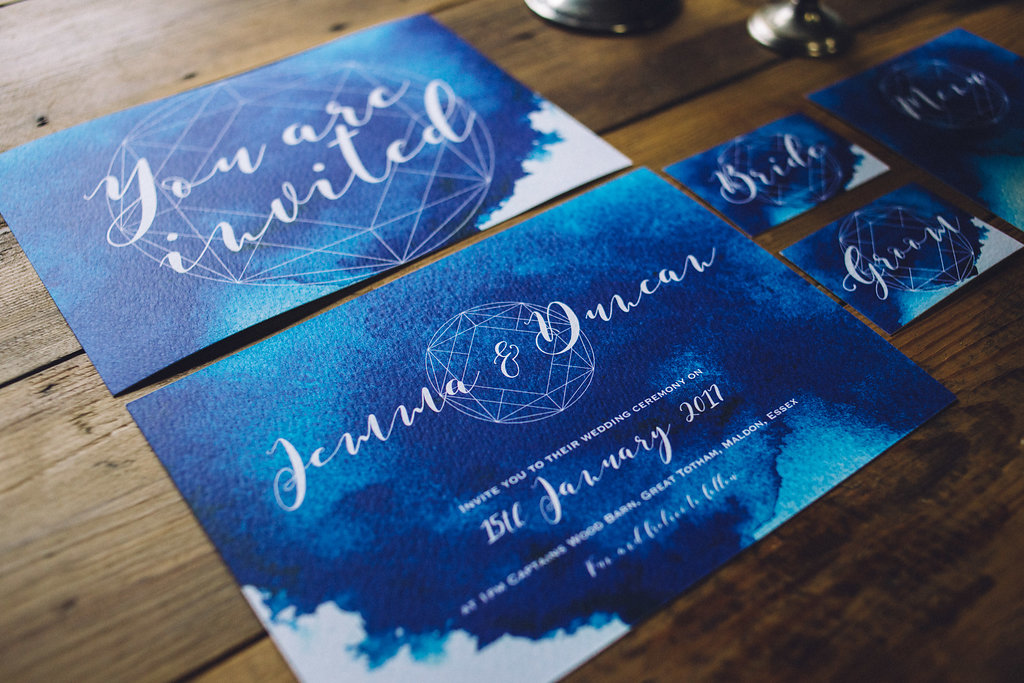 Blue Geometric Wedding Stationary - Captains Wood Barn Essex