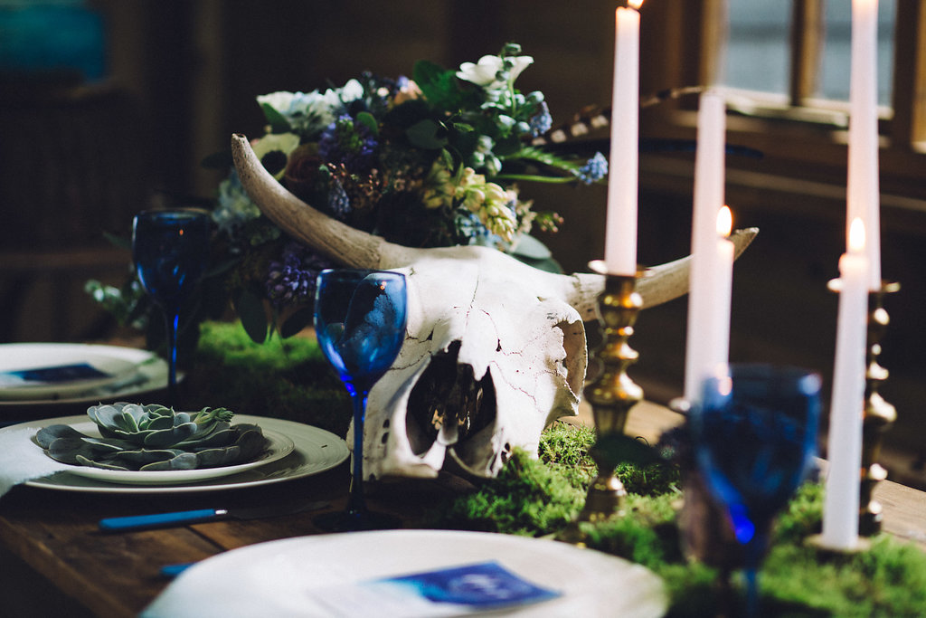 Skull and Moss Rustic Table Setting - Captains Wood Barn Essex