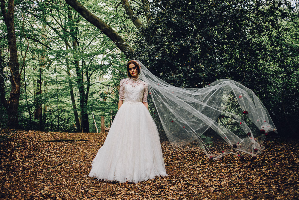 Disney Snow White Bridal Ideas Veil with Roses - Alternative Essex Wedding Photographer