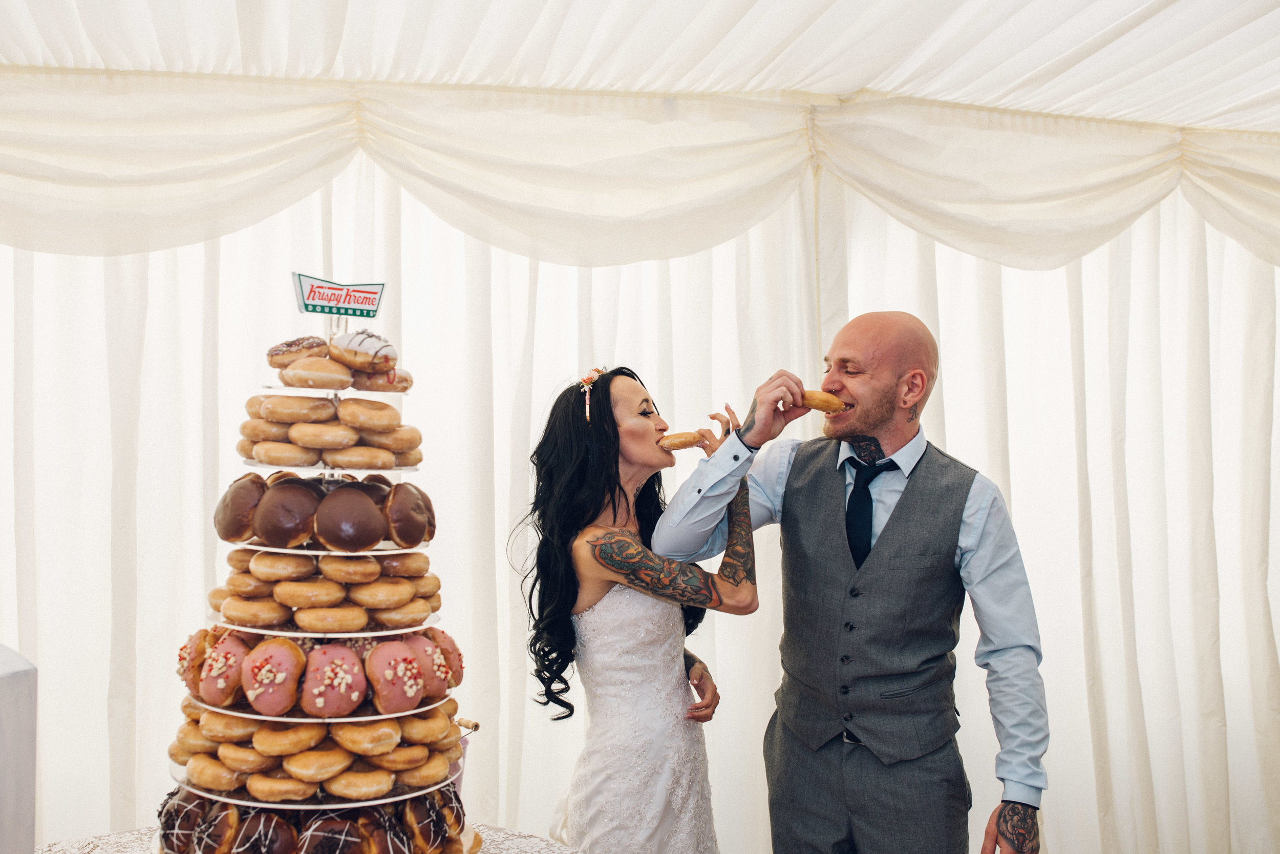 Krispy Kreme UK wedding doughnut cake Zinnia Garden, Banstead, Surrey wedding photographer