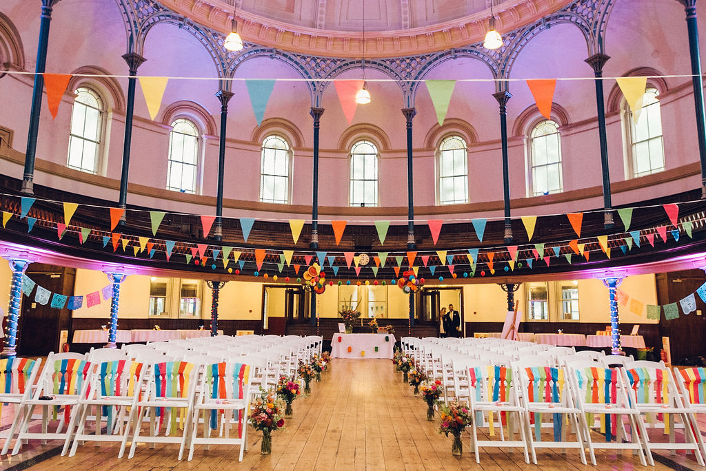 Colourful wedding bunting Round Chapel