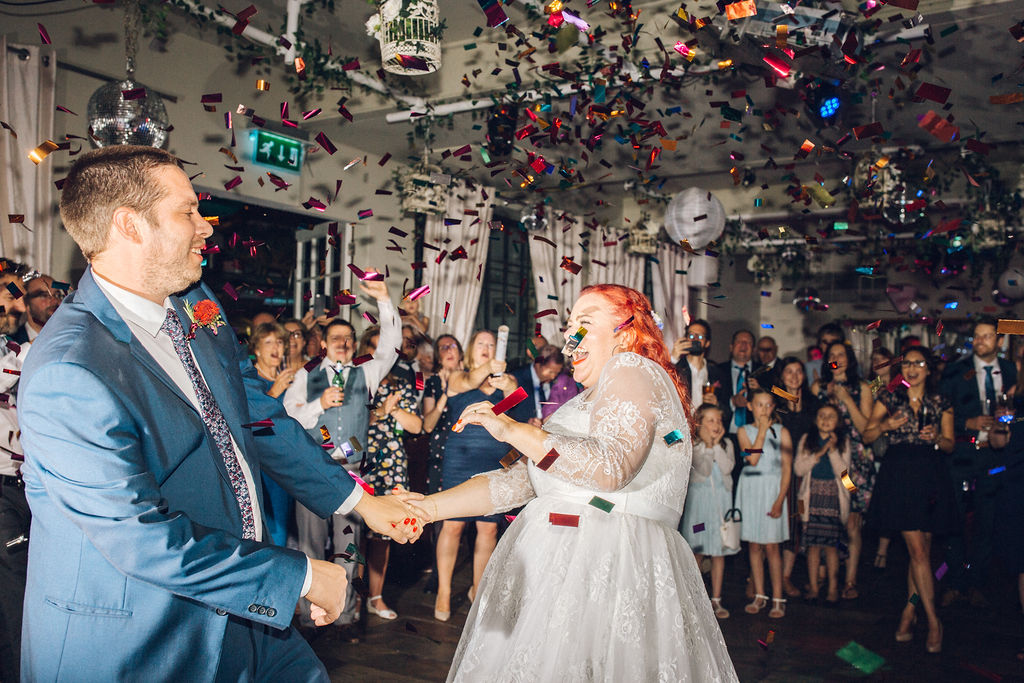 First Dance with Confetti Fun and Colourful Wedding at Islington Metal Works Wedding London Alternative Photographer